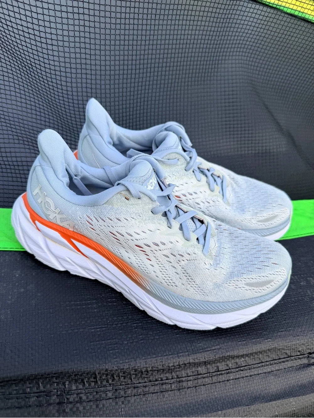 Hoka One One Clifton 8 Light Gray and Orange Running Shoes with Black Insole